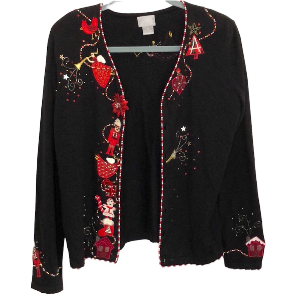 Berek black Christmas cardigan size Medium beaded sequins & embroidered designs